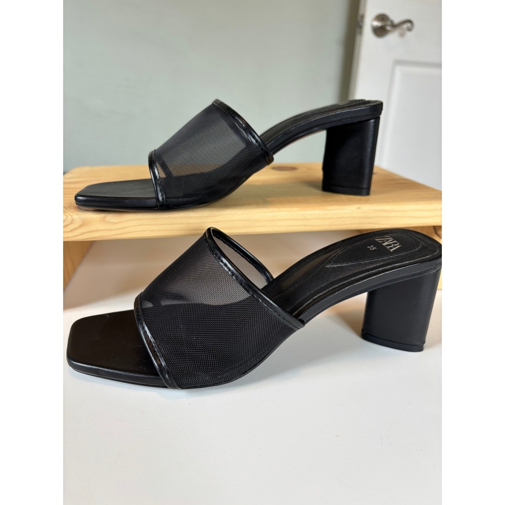 Zara Black Mesh Block Heel Mules